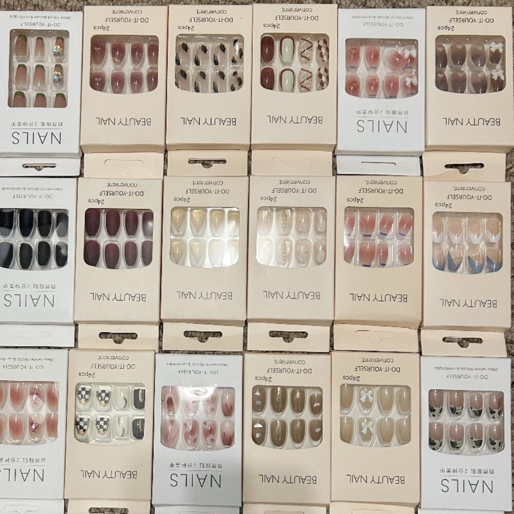 6 boxes press on nails 24Pcs/box False Nails mixed random styles with jelly tabs